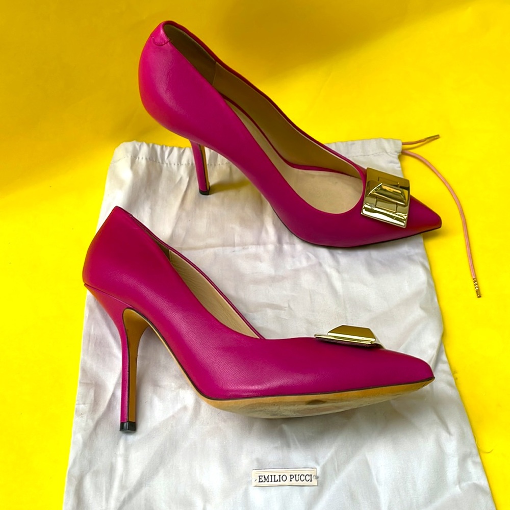 Berry color/gold Emilio Puccini leather heels in dust bag - Picture 15 of 15